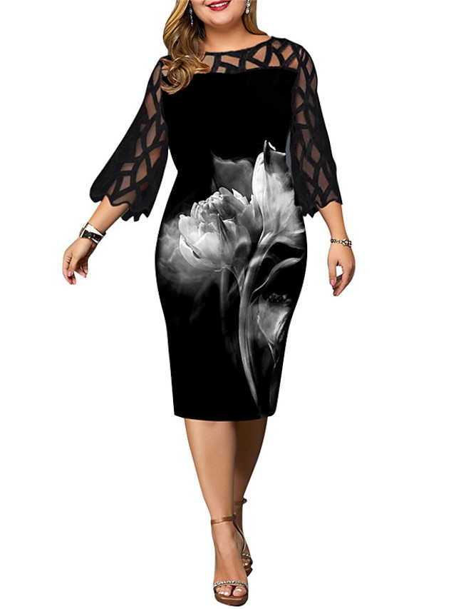 Womens Clothing Plus Size Collection | Womens Plus Size Sheath Dress Floral Round Neck Print 3/4 Length Sleeve Fall Spring Casua