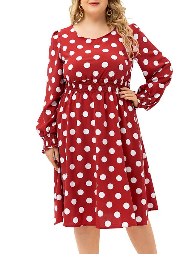 Womens Clothing Plus Size Collection | Womens Plus Size A Line Dress Polka Dot Round Neck Print Long Sleeve Fall Casual Knee Len