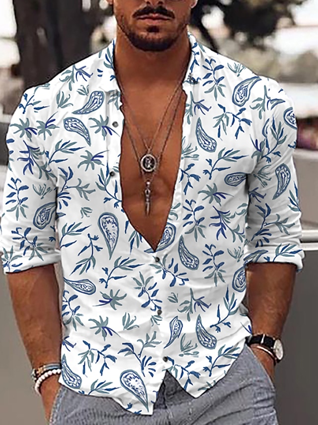 Men 3D Print Long Sleeve Shirt Cotton Slim Fit Striped Hawaiian Holiday Style Casual Shirt Top 