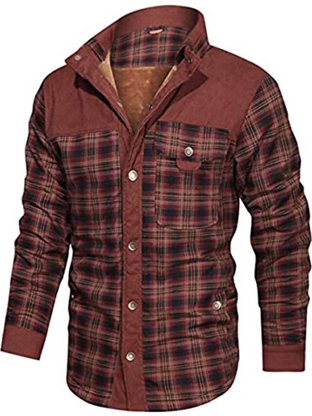  men's plaid fleece outdoor winter thick fuzzy sherpa lined button down corduroy flannel shirt jacket brown