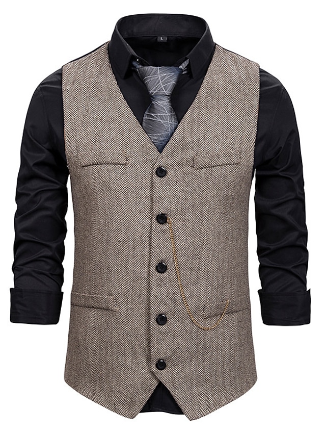  Herre سترة Veste Bryllup Daglig Sportslig 1920-tallet Høst Lomme Polyester Hold Varm Helfarge Enkeltkneppet V-hals Normal Svart kaffe Grå Vest
