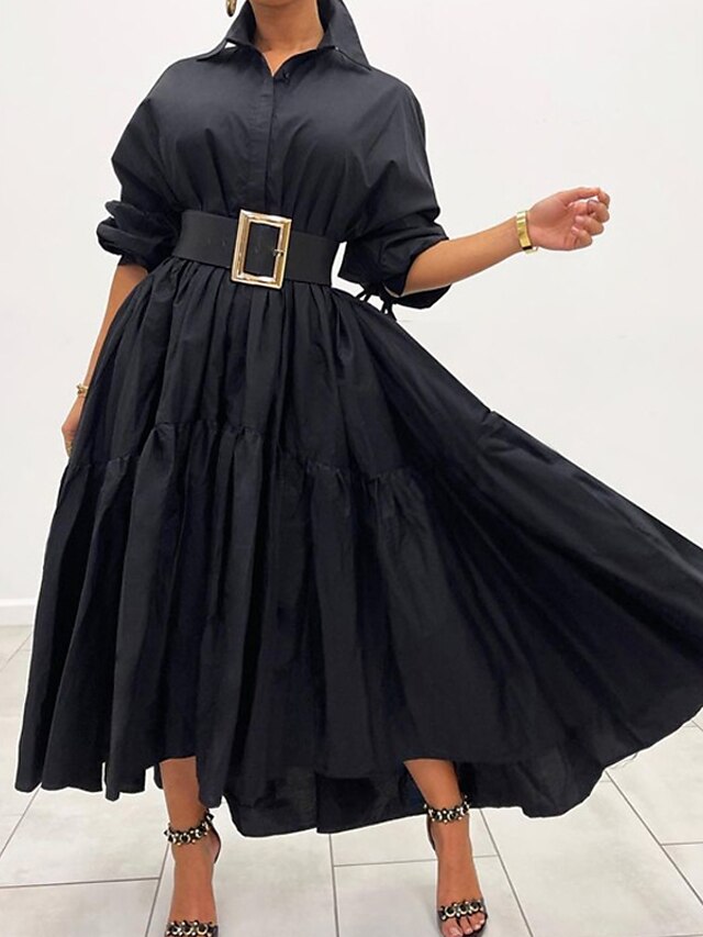 Womens Clothing Womens Dresses | Womens Swing Dress Maxi long Dress White Black Long Sleeve Solid Color Ruched Ruffle Fall Winte