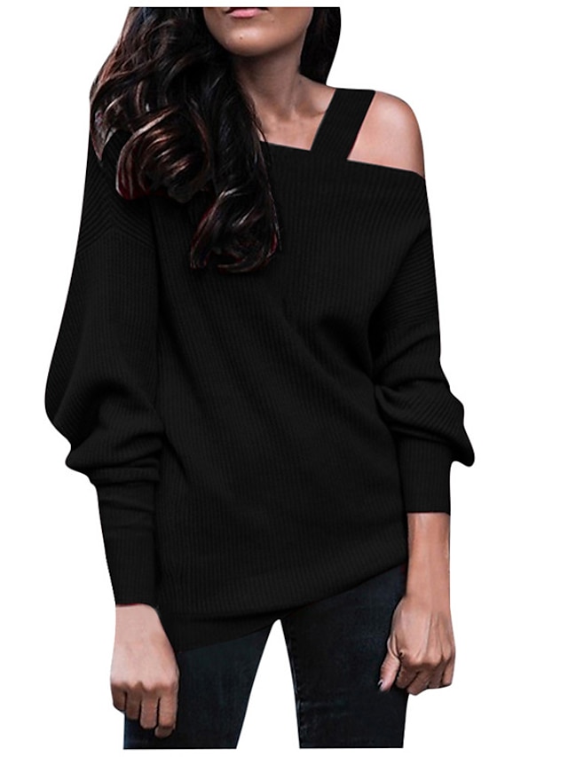 Womens Clothing Sweaters & Cardigans | Womens Pullover Sweater Jumper Knit Tunic Knitted Hole Solid Color One Shoulder Stylish B