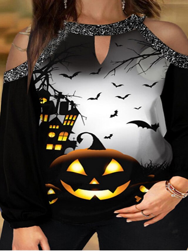 Womens Pumpkin Cat Sweatshirt Casual Loose Fit Graphic Halloween Crewneck Sweater Long Sleeve Tops Plus Size.S-3XL