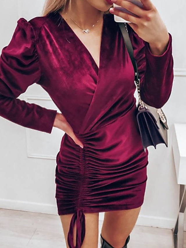 Womens Clothing Womens Dresses | Womens Sheath Dress Short Mini Dress Green Black Wine Long Sleeve Solid Color Ruched Fall Winte