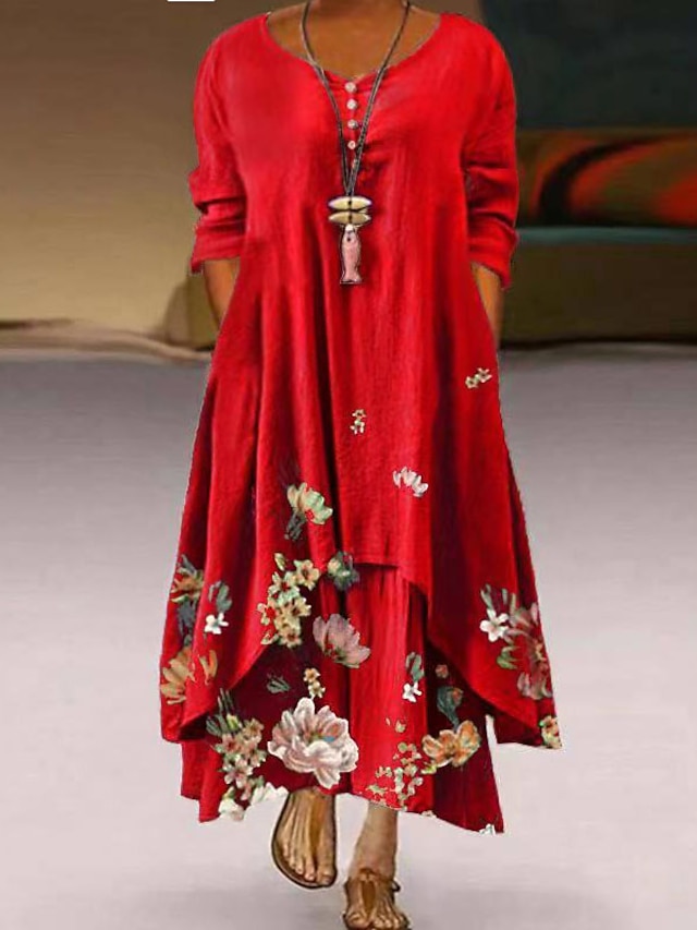  vestido de páscoa curvo plus size feminino vestido casual floral decote redondo manga longa vestido primavera outono vestido maxi casual vestido diário