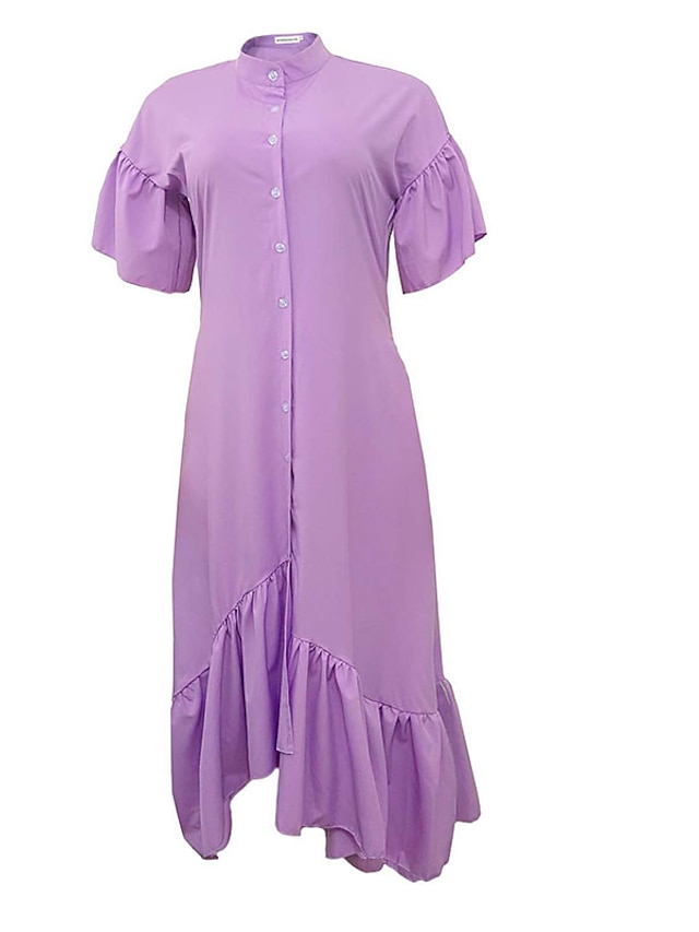 Womens Clothing Womens Dresses | Womens A Line Dress Maxi long Dress Light Purple Red Short Sleeve Solid Color Ruffle Pocket Plu