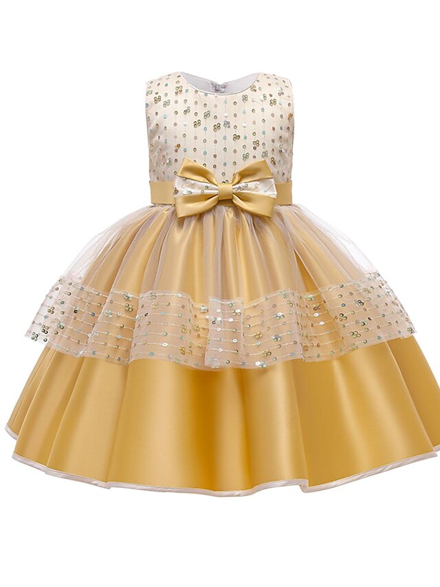  Infantil Pouco Para Meninas Vestido Cor Sólida Vestido A Line Festa Espetáculo Paetês Com Transparência Laço Amarelo Rosa Verde Altura dos Joelhos Sem Manga Princesa Estilo bonito Vestidos Outono