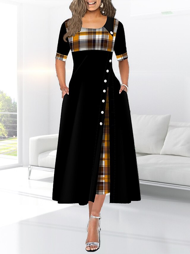 Womens Clothing Womens Dresses | Womens A Line Dress Midi Dress Black Purple Wine Yellow Short Sleeve Plaid Button Print Spring 