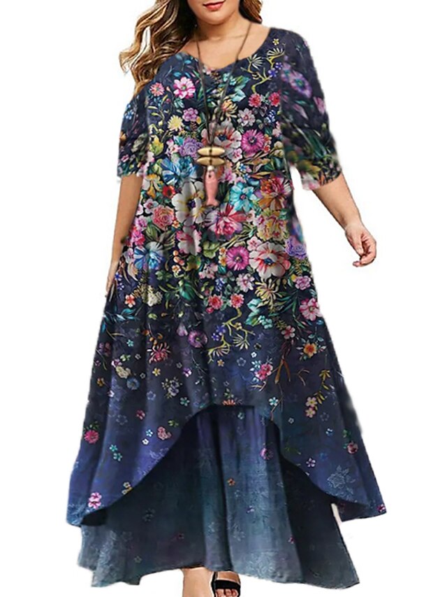 Womens Clothing Plus Size Collection | Womens Plus Size Swing Dress Floral V Neck Print Long Sleeve Fall Casual Maxi long Dress 