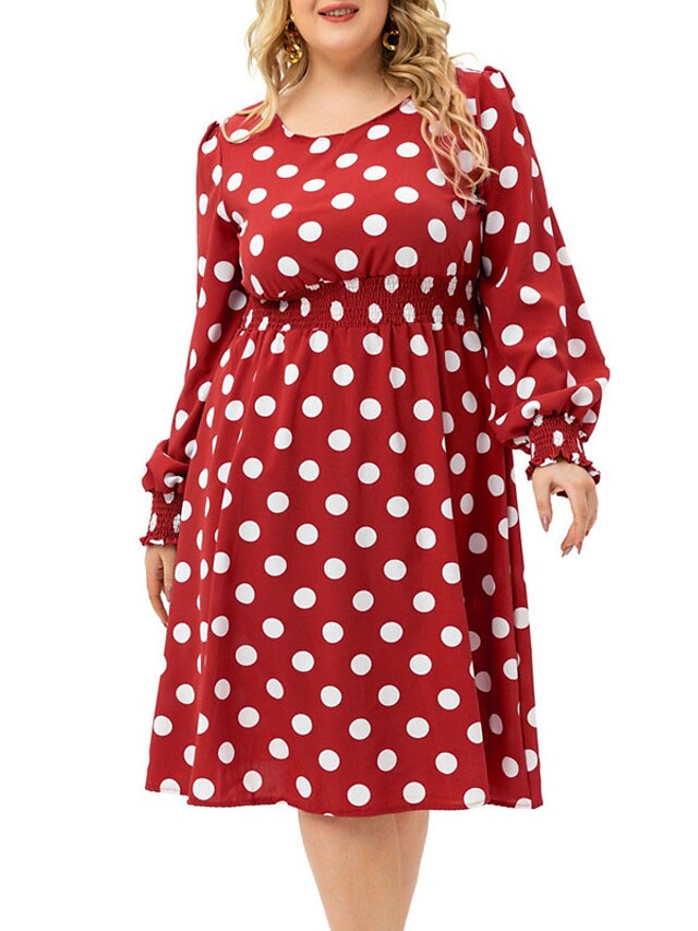 Womens Clothing Plus Size Collection | Womens Plus Size A Line Dress Polka Dot Round Neck Print Long Sleeve Fall Casual Knee Len