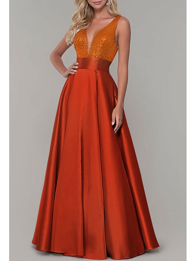 A-Line Prom Dresses Sparkle Dress Prom Formal Evening Floor Length Sleeveless V Neck Bridesmaid Dress Satin with Pleats Sequin dress to impress