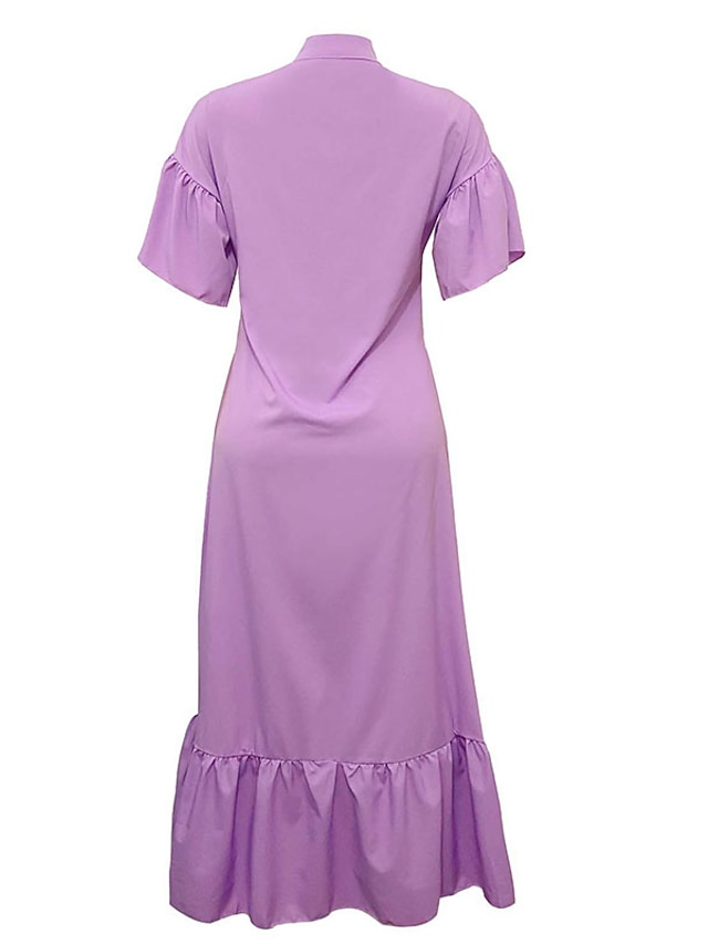 Womens Clothing Womens Dresses | Womens A Line Dress Maxi long Dress Light Purple Red Short Sleeve Solid Color Ruffle Pocket Plu