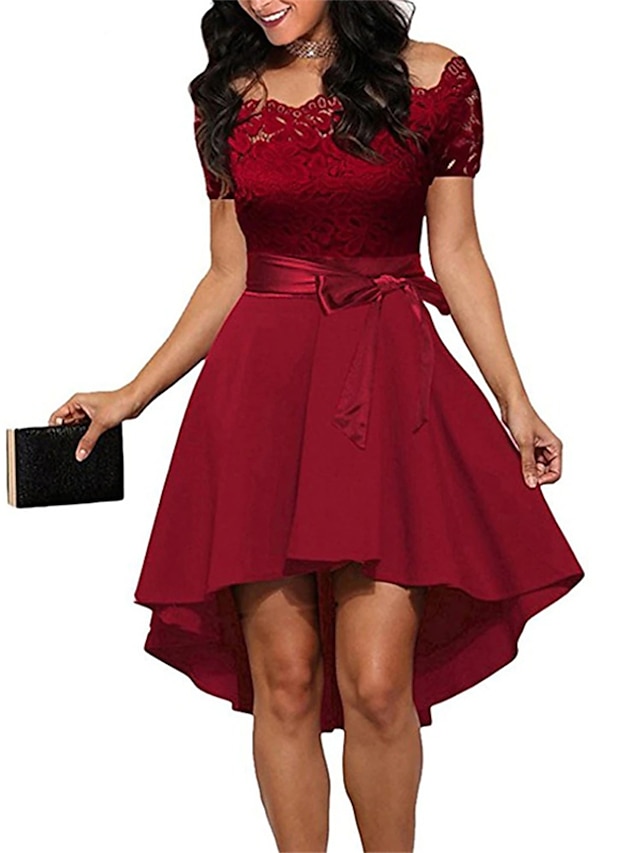 női koktélparti ruha fekete ruha térdig érő ruha fehér rózsaszín bor rövid ujjú tiszta színű csipke ősz tavaszi váll esküvői vendég 2023 s m l xl xxl