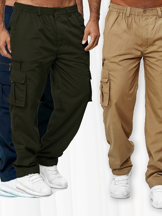  Men's Cargo Pants Elastic Waist Multiple Pockets Full Length Pants Casual Inelastic Solid Color Outdoor Sports Mid Waist ArmyGreen Black Khaki Navy Blue S M L XL XXL