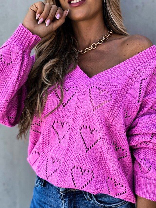 Womens Clothing Sweaters & Cardigans | Womens Sweater Pullover Jumper Knitted Hole LOVE Heart Pure Color Stylish Casual Soft Lon