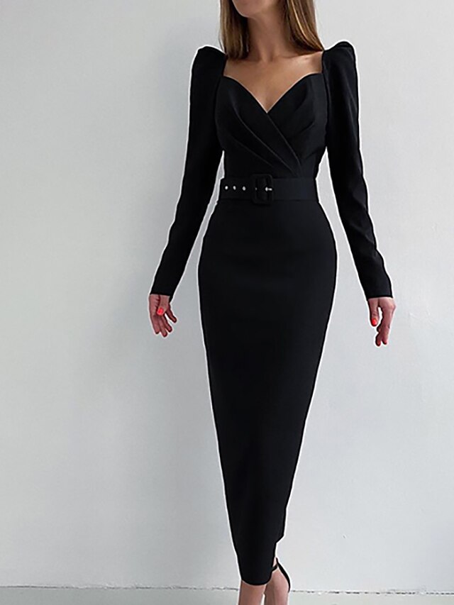 Womens Clothing Womens Dresses | Womens A Line Dress Maxi long Dress White Black Red Long Sleeve Solid Color Ruched Fall Winter 