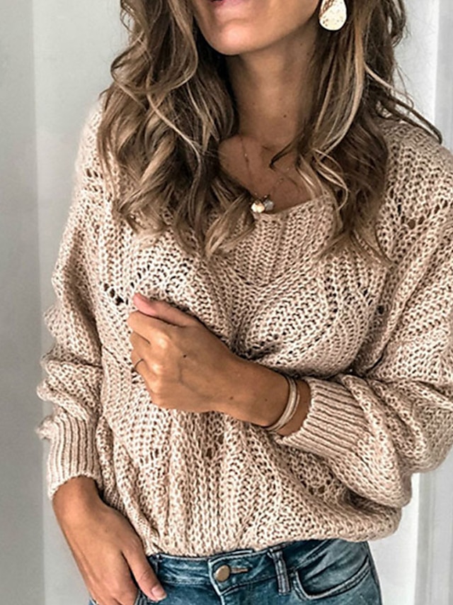 Womens Clothing Sweaters & Cardigans | Womens Pullover Sweater Jumper cable crochet Knit Knitted Solid Color V Neck Stylish Casu