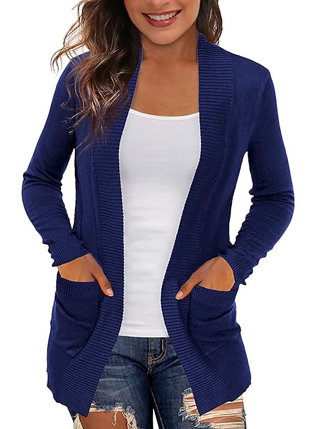  Dames Vest Gebreid Voorvak Effen Kleur Basic Casual Zacht Lange mouw Normale pasvorm Trui Vesten Open voorzijde Herfst Winter Lente blauw Wijn Zwart / Uitgaan