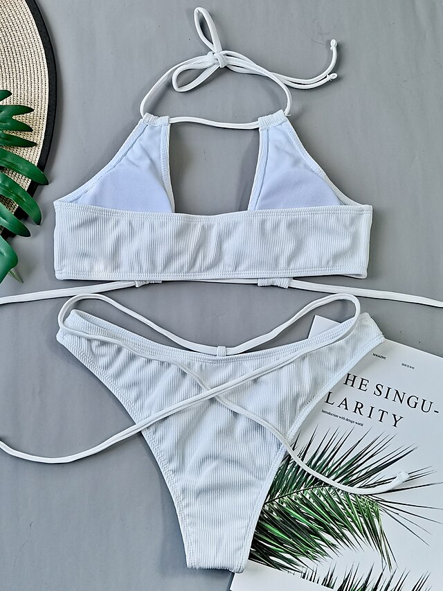 Womens Clothing Womens Swimwear | Womens Swimwear Bikini 2 Piece Normal Swimsuit Thong Bikini Strappy Solid Color White Plunge B