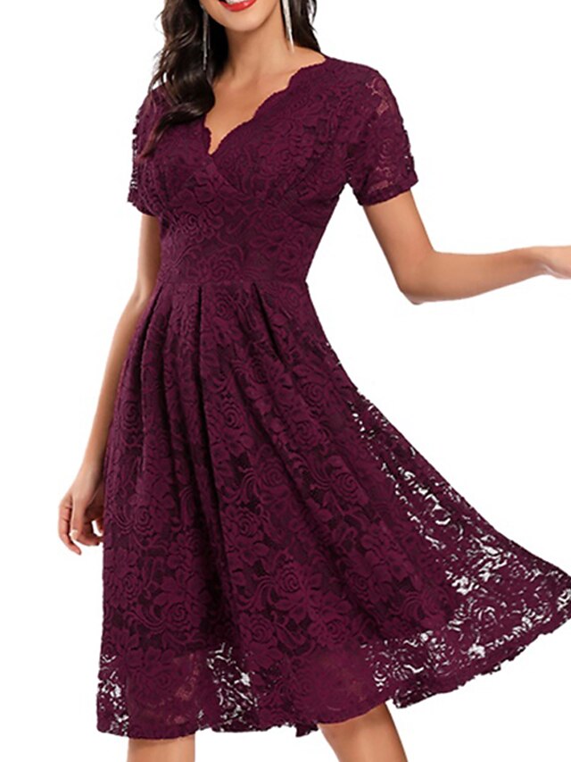 Womens Clothing Womens Dresses | Womens A Line Dress Knee Length Dress Pink Wine Navy Blue Beige Short Sleeve Solid Color Lace F