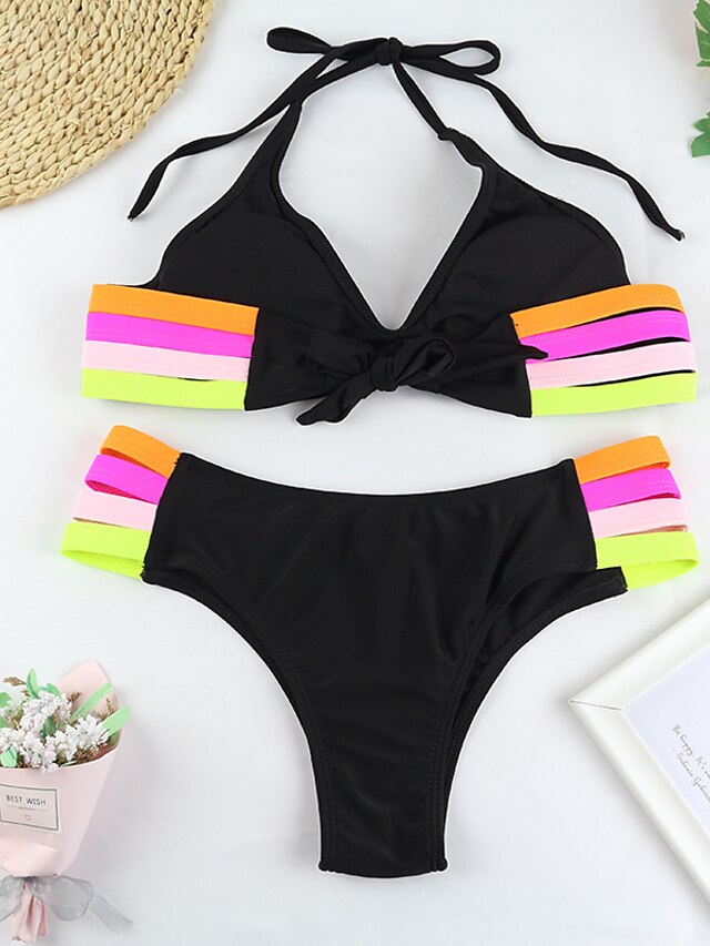 Womens Clothing Womens Swimwear | Womens Swimwear Bikini 2 Piece Normal Swimsuit Print Solid Color Color Block Black Padded Stra