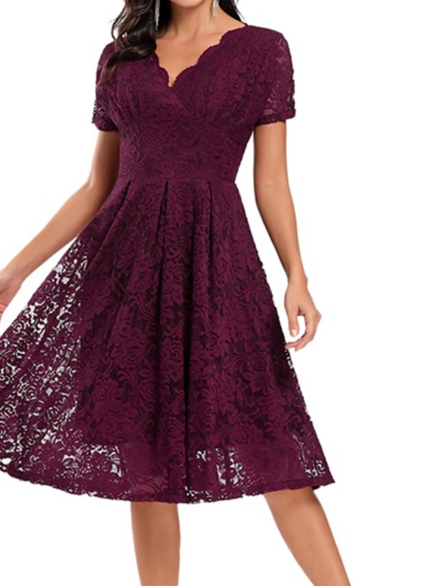 Womens Clothing Womens Dresses | Womens A Line Dress Knee Length Dress Pink Wine Navy Blue Beige Short Sleeve Solid Color Lace F