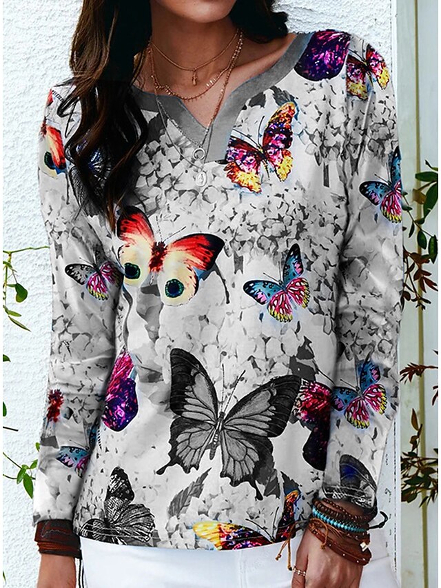 Womens Clothing Womens Tops | Womens Butterfly Animal Daily Weekend Butterfly Painting T shirt Tee Long Sleeve Print V Neck Basi