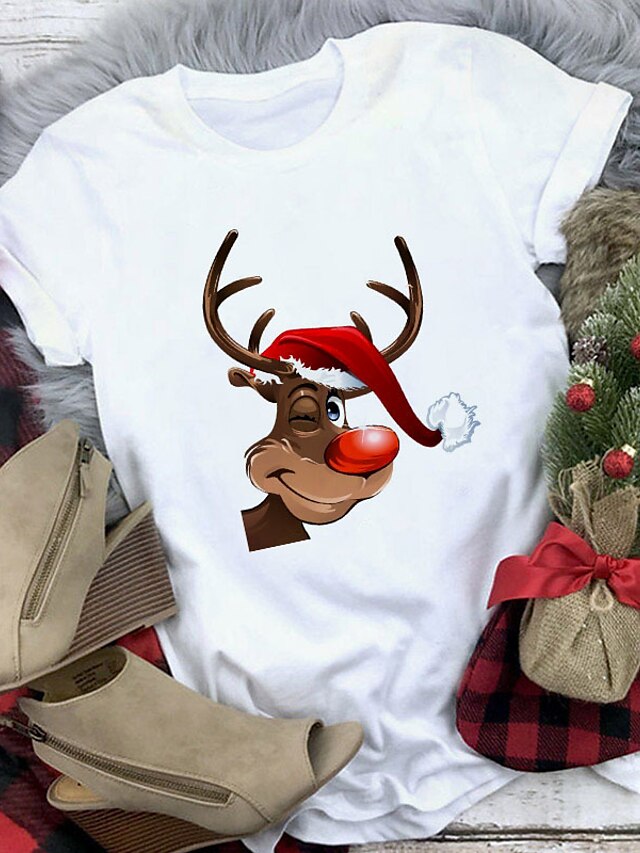 Womens Clothing Plus Size Collection | Womens Plus Size Tops T shirt Cartoon Deer Print Short Sleeve Crewneck Streetwear Christm