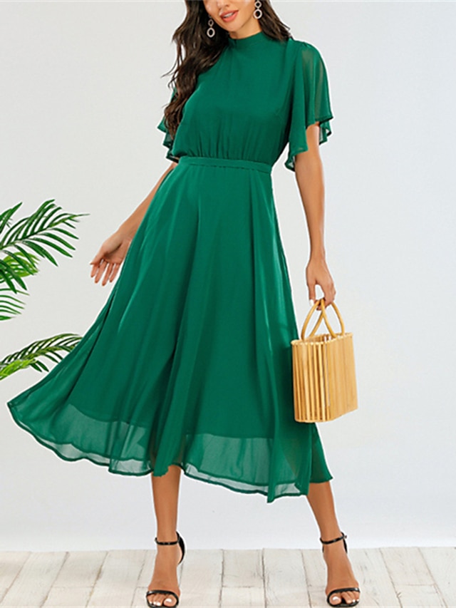 Womens Clothing Womens Dresses | Womens A Line Dress Midi Dress Green Half Sleeve Solid Color Drawstring Fall Winter Round Neck 