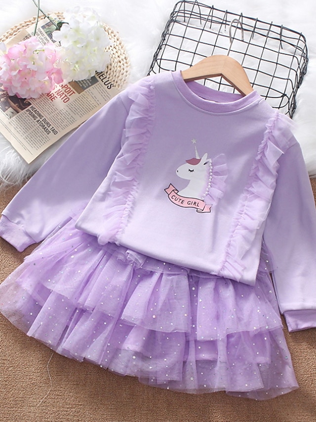 Baby & Kids Girls Clothing | Kids Girls Clothing Set 2 Pieces Long Sleeve Purple Pink Unicorn Letter Animal Pleated Mesh Print C