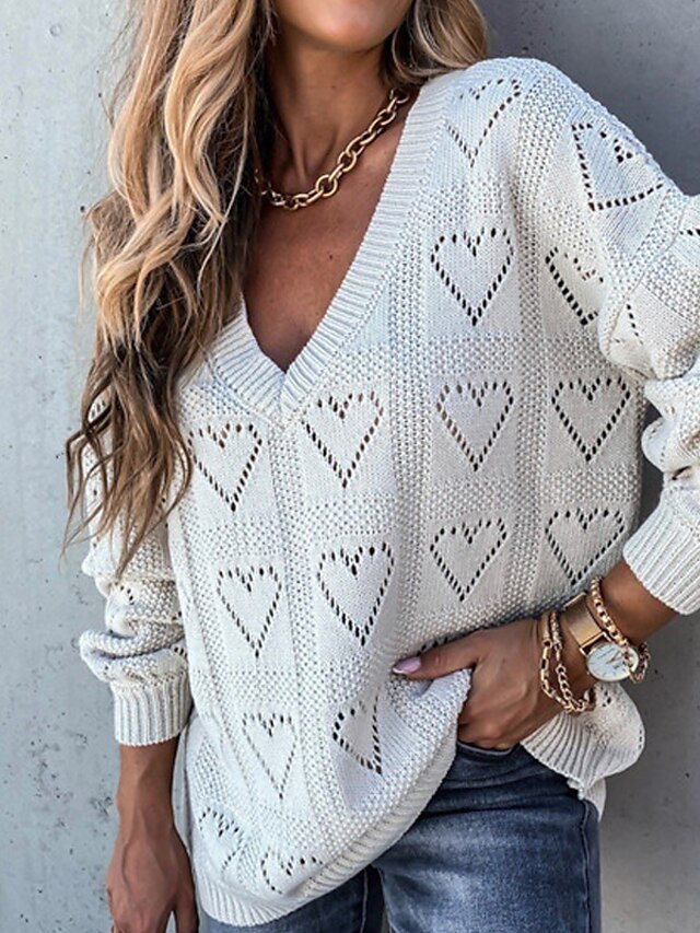 Womens Clothing Sweaters & Cardigans | Womens Sweater Pullover Jumper Knitted Hole LOVE Heart Pure Color Stylish Casual Soft Lon