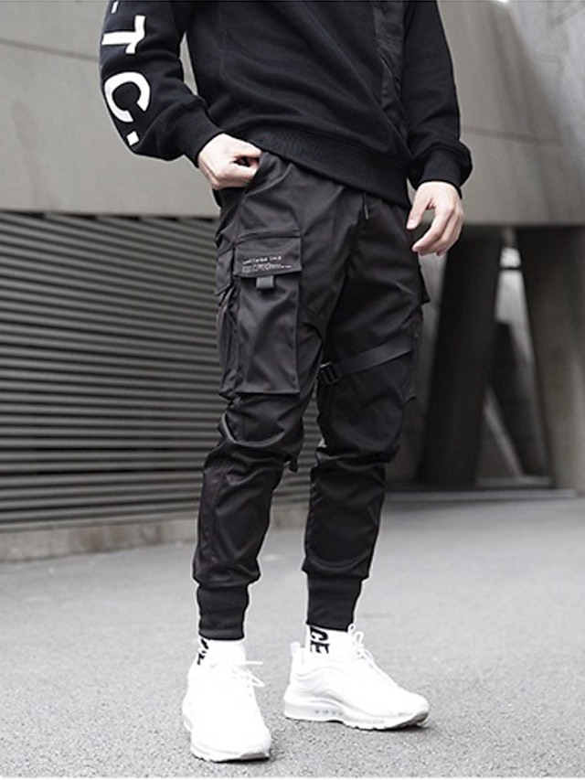 Mens Clothing Mens Bottoms | mens joggers pants long trousers multi-pockets Ribbon streetwear cargo pants outdoor fashion casual