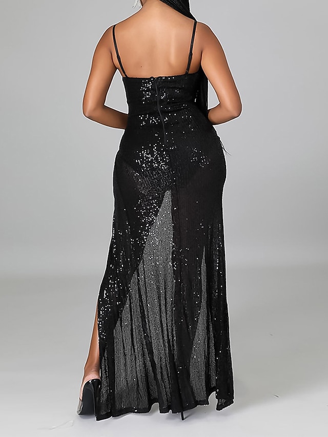 Womens Clothing Womens Dresses | Womens Strap Dress Maxi long Dress Black Beige Sleeveless Solid Color Backless Sequins Split Fa