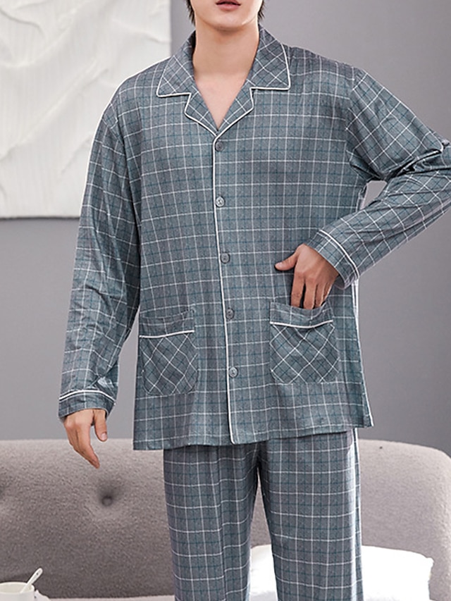 Grids Cotton Women Men Sleepwear Pajama Set Nightwear Shirt & Shorts M-2XL