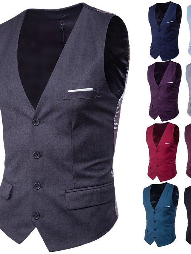 Men's Casual Business Vests Lightweight Waistcoat Solid Color Regular Fit V Neck Single Breasted