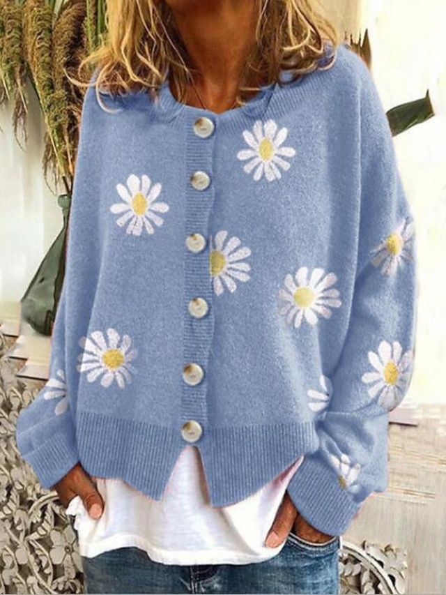  Women's Cardigan Knitted Button Print Floral Daisy Stylish Basic Casual Long Sleeve Regular Fit Sweater Cardigans Open Front Fall Winter Spring Blue Black Gray / Going out
