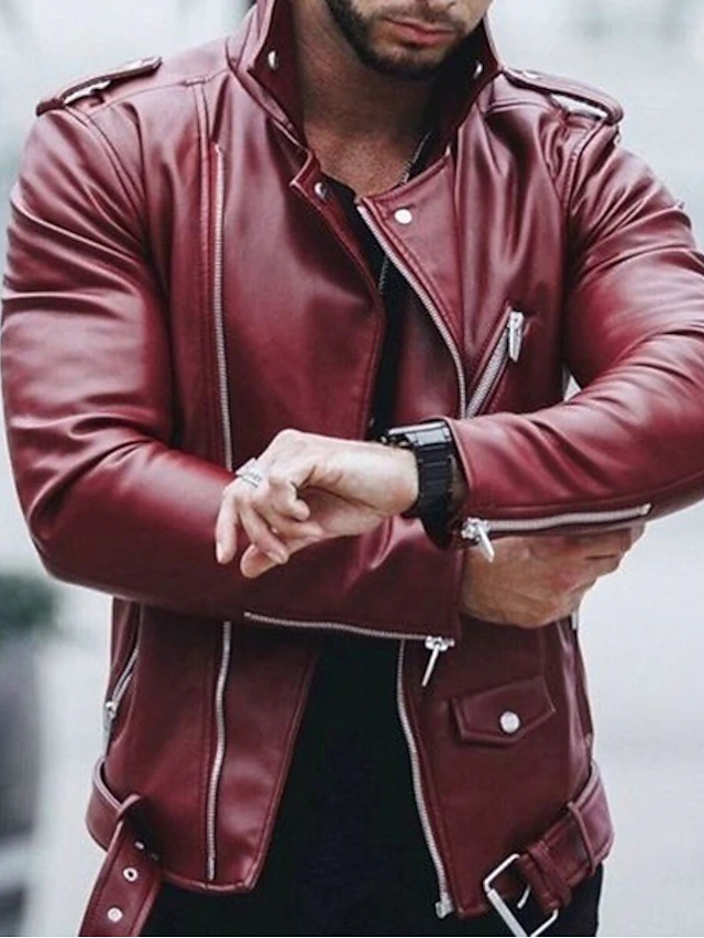 Men's Faux Leather Jacket Transition Jacket Jacket Biker Jacket Outdoor Street Thermal Warm Windproof Pocket Spring Fall Solid Color Streetwear Sporty Turndown Regular Faux Leather Regular Fit Black 8