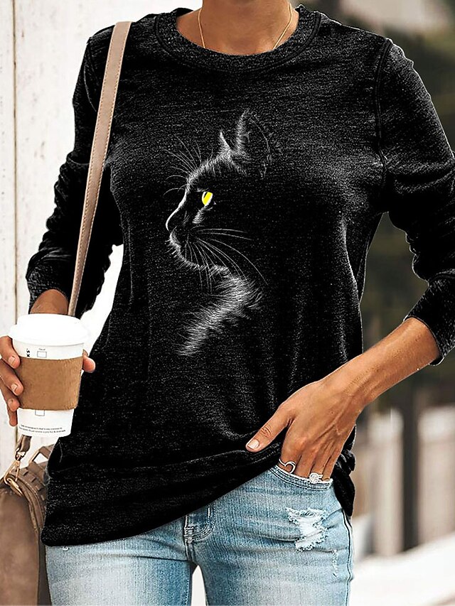  Women's T shirt Tee Designer Hot Stamping Cat Graphic Design Long Sleeve Round Neck Daily Print Clothing Clothes Designer Basic Green Black Blue