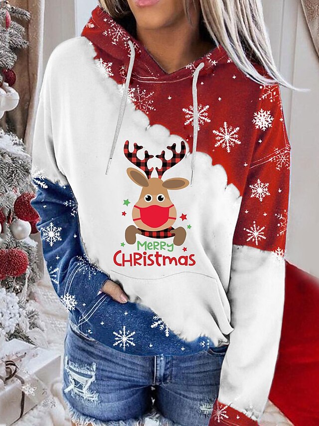 Christmas Women Sweatshirt Elk Printed Long Sleeve Color Block Hoodies Pullover Tops Blouse with Pocket 