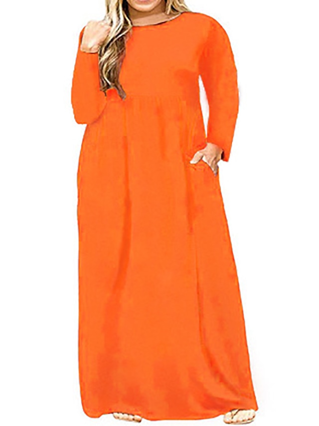 Womens Clothing Plus Size Collection | Womens Plus Size A Line Dress Solid Color Round Neck Ruched Long Sleeve Fall Casual Maxi 