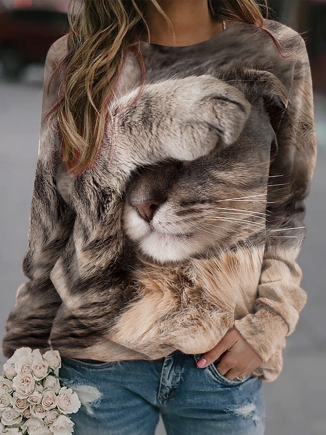  Women's Sweatshirt Pullover Print Active Streetwear Royal Blue Brown Coffee Animal Cat 3D Casual Long Sleeve Round Neck