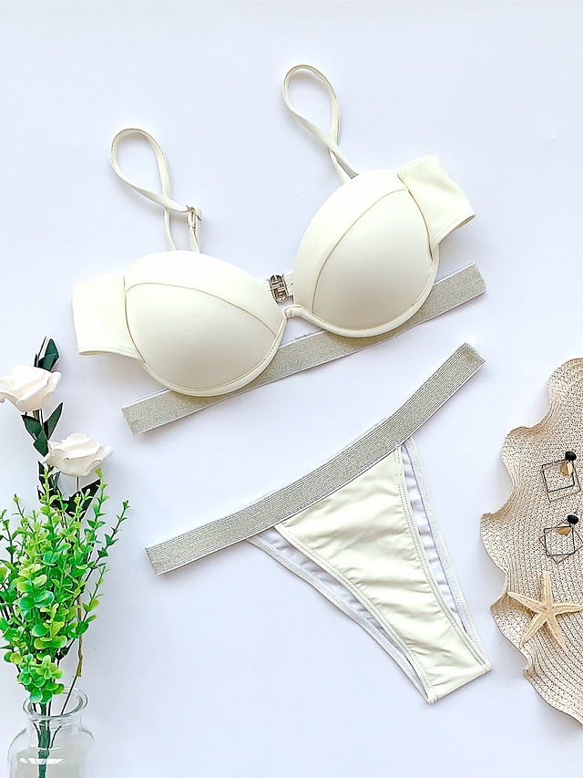 Womens Clothing Womens Swimwear | Womens Swimwear Bikini 2 Piece Normal Swimsuit Thong Bikini Solid Color Beige Plunge Bathing S