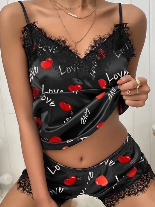  Women's 1 set Pajamas Sets Hot Gothic Fashion Heart Letter Satin Home Bed V Wire Breathable Gift Strap Top Sleeveless Elastic Waist Print Shorts Fall Spring Pink Red