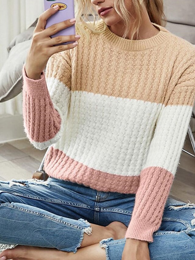 Womens Clothing Sweaters & Cardigans | Womens Pullover Sweater Jumper crochet waffle Knit Knitted Color Block Crew Neck Stylish 