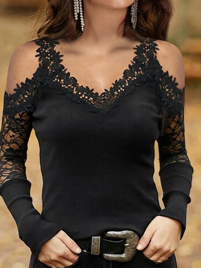  Mulheres Camisa de renda Camiseta Saindo tops Camiseta Borgonha Tecido Básico Manga Longa Decote V Ombro a Ombro Tops regulares Casual Final de semana Renda Com Corte Preto Vinho Azul Outono & inverno