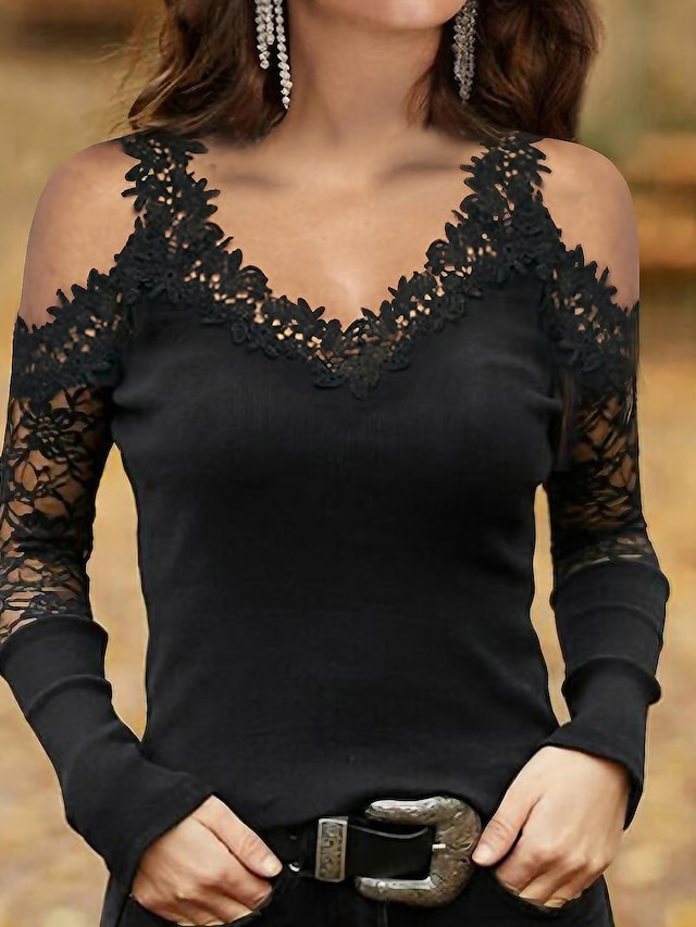  Women's Lace Shirt T shirt Tee Going Out Tops Burgundy Tee Plain Casual Weekend Lace Cut Out Black Long Sleeve Basic Off Shoulder V Neck Fall & Winter