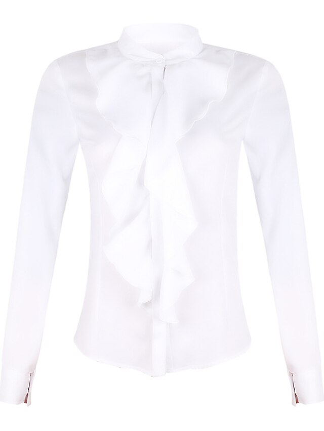 Women's Shirt Blouse Black White Pink Plain Ruffle Button Long Sleeve ...