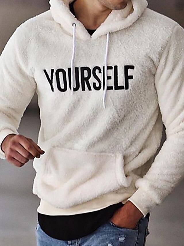 Men's Hoodie Fleece Hoodie Khaki White Black Hooded Letter Pocket Print