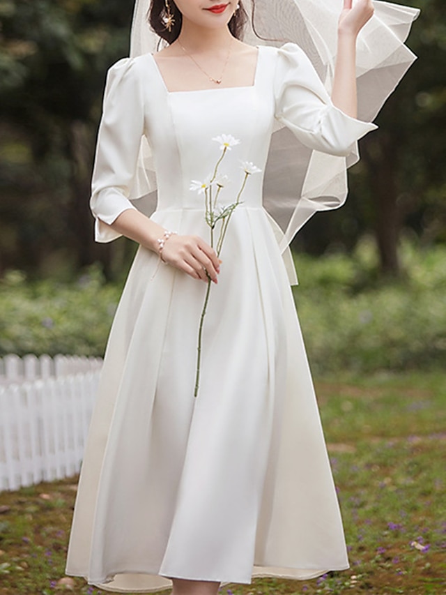  Mennyegző Kis fehér szoknyák Esküvői ruhák A-vonalú Szögletes Féhosszú Midi Szatén Menyasszonyi ruhák Val vel Rakott 2024